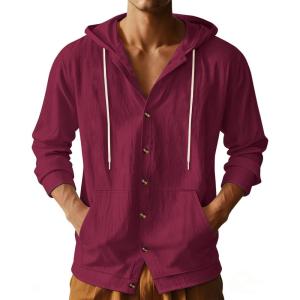 TAFLE Mens Cotton Linen Long Sleeve Button Down Shirts with Pockets Casual Hawaiian Beach Shirts Lightweight Fashion Hoodies(Red Wine)