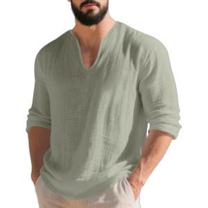 TAFLE Mens Linen V-Neck Shirts Casual Long Sleeve Hippie Yoga Tops Lightweight Summer Beach Shirt(Green)