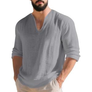 TAFLE Mens Linen V-Neck Shirts Casual Long Sleeve Hippie Yoga Tops Lightweight Summer Beach Shirt(Grey)