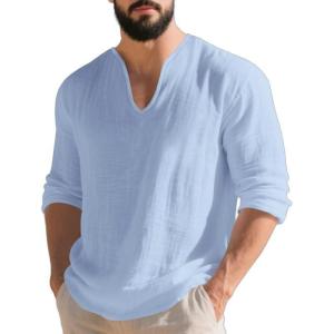 TAFLE Mens Linen V-Neck Shirts Casual Long Sleeve Hippie Yoga Tops Lightweight Summer Beach Shirt(Light Blue)