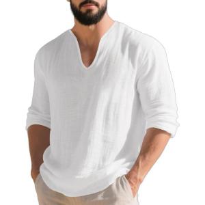 TAFLE Mens Linen V-Neck Shirts Casual Long Sleeve Hippie Yoga Tops Lightweight Summer Beach Shirt(White)