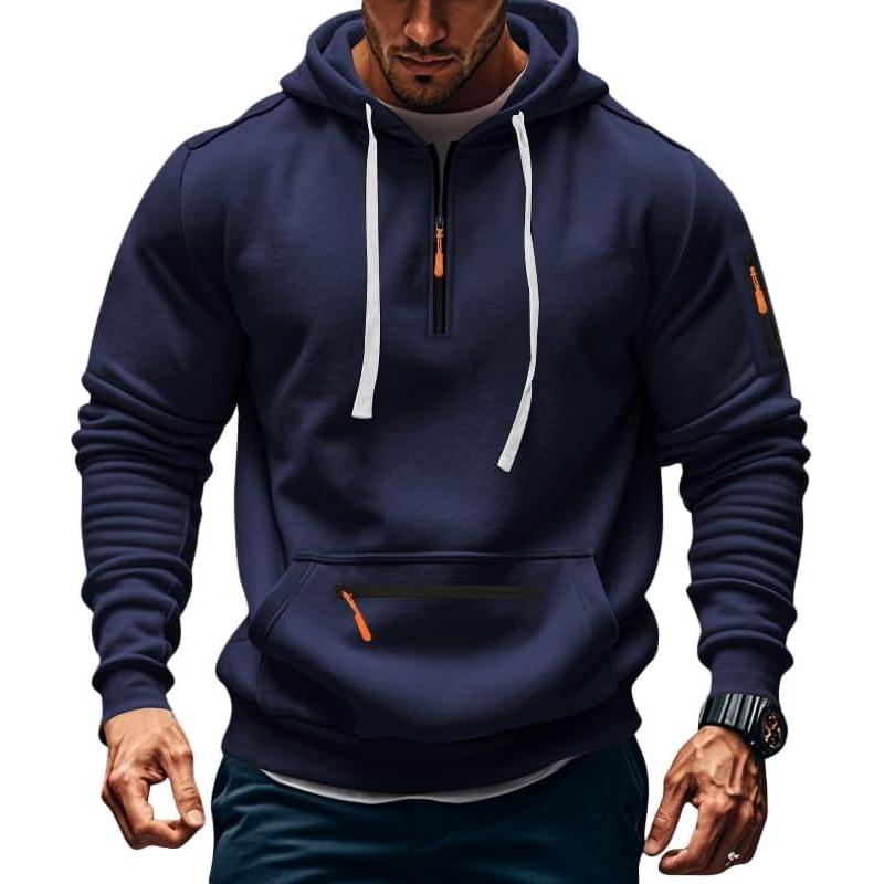image:imageTAFLE Mens Fleece Hoodie Sweatshirts Workout Athletic Hoodies Long Sleeve Quarter Zip Pullover Sweatshirt with Kanga PocketsNavy