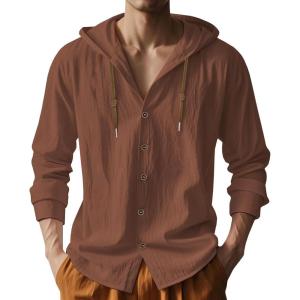 TAFLE Mens Cotton Linen Hoodies Lightweight Long Sleeve Button Down Shirts Casual Hawaiian Beach Yoga Tops Sweatshirts(Brown)
