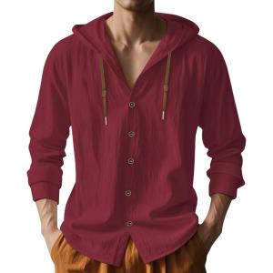 TAFLE Mens Cotton Linen Hoodies Lightweight Long Sleeve Button Down Shirts Casual Hawaiian Beach Yoga Tops Sweatshirts(Burgundy)