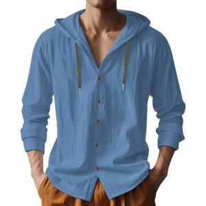 TAFLE Mens Cotton Linen Hoodies Lightweight Long Sleeve Button Down Shirts Casual Hawaiian Beach Yoga Tops Sweatshirts(Denim Blue)