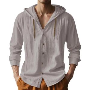 TAFLE Mens Cotton Linen Hoodies Lightweight Long Sleeve Button Down Shirts Casual Hawaiian Beach Yoga Tops Sweatshirts(Grey)
