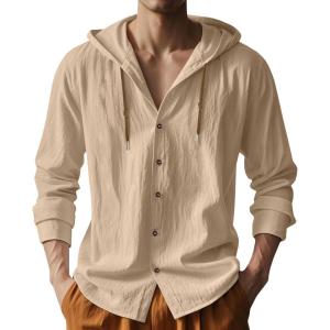 TAFLE Mens Cotton Linen Hoodies Lightweight Long Sleeve Button Down Shirts Casual Hawaiian Beach Yoga Tops Sweatshirts(Khaki)