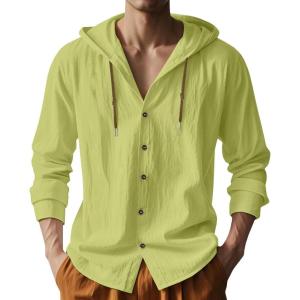 TAFLE Mens Cotton Linen Hoodies Lightweight Long Sleeve Button Down Shirts Casual Hawaiian Beach Yoga Tops Sweatshirts(Lime Green)