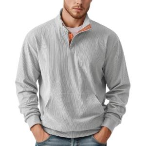 Men’s Corduroy Sweatshirt Long Sleeve Casual Stand Collar Button Pullover Quilted Sweatshirts with Pockets(Grey)