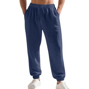 Men’s Linen Joggers Summer Beach Lightweight Drawstring Yoga Pants with Pockets & Elastic Cuffs(Navy)