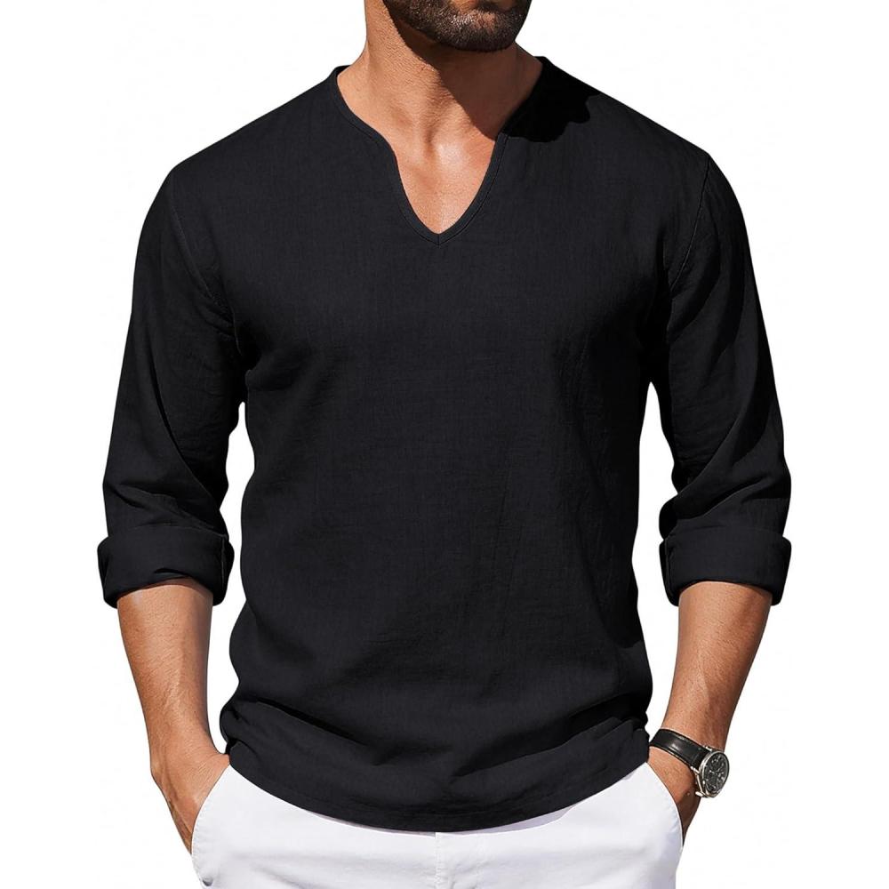 image:imageMens Cotton Linen Shirts VNeck Shirts Casual Long Sleeve Hippie Yoga Tops Lightweight Summer Beach ShirtBlack