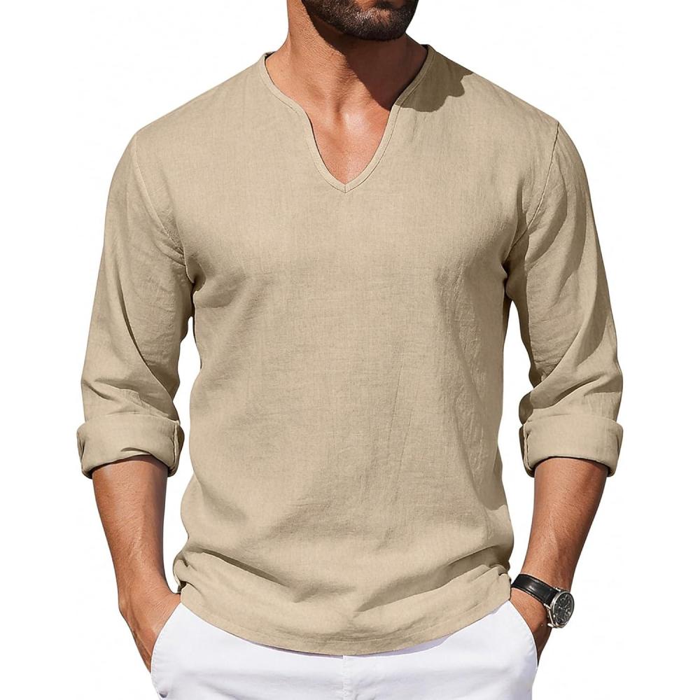 image:imageMens Cotton Linen Shirts VNeck Shirts Casual Long Sleeve Hippie Yoga Tops Lightweight Summer Beach ShirtKhaki