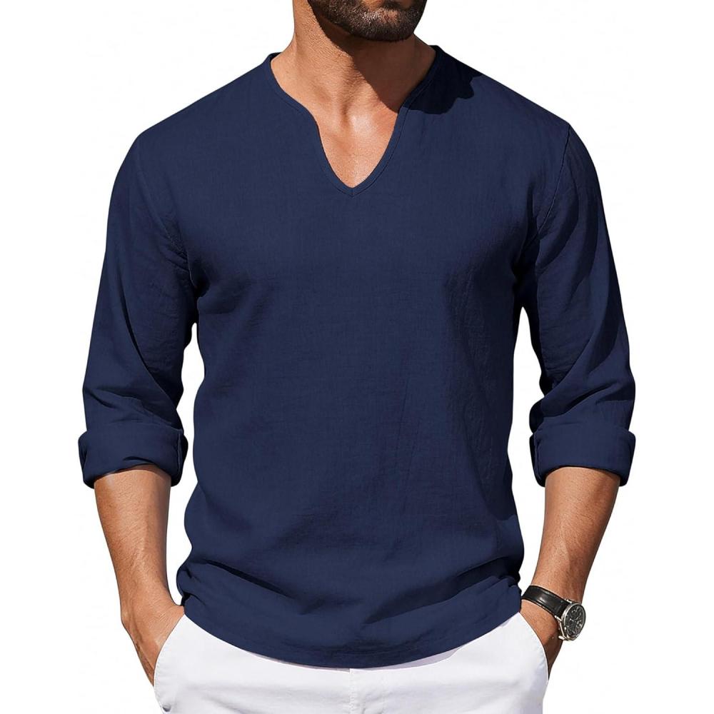 image:imageMens Cotton Linen Shirts VNeck Shirts Casual Long Sleeve Hippie Yoga Tops Lightweight Summer Beach ShirtNavy