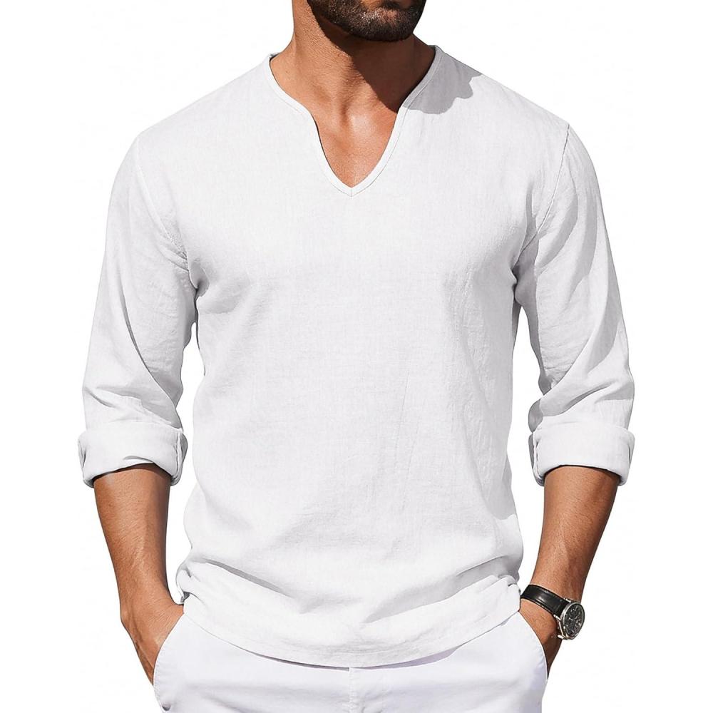image:imageMens Cotton Linen Shirts VNeck Shirts Casual Long Sleeve Hippie Yoga Tops Lightweight Summer Beach ShirtWhite