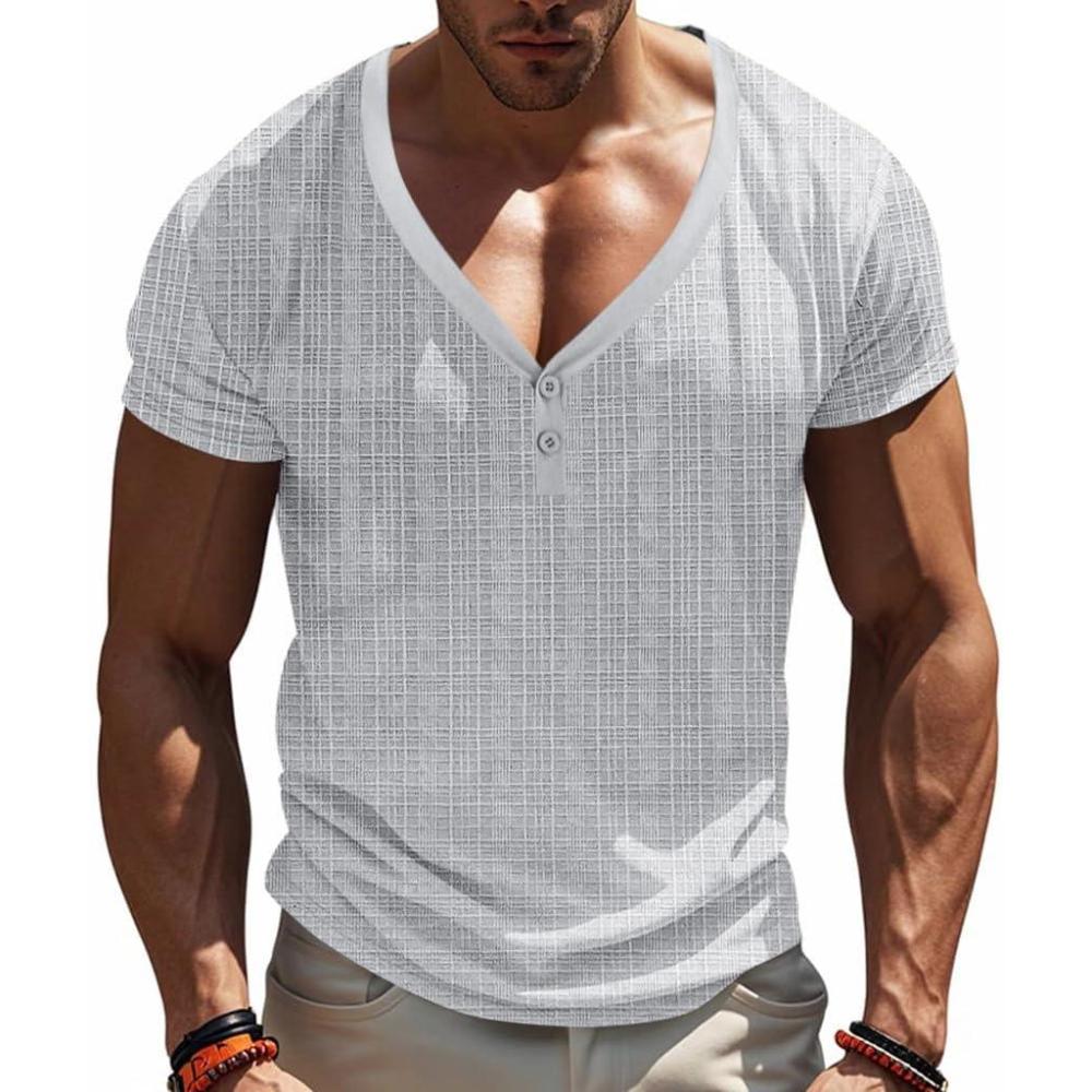 image:imageMens Waffle Henley Shirt Dry Fit Short Sleeve VNeck Beach Shirts Casual Textural Summer TShirtGrey