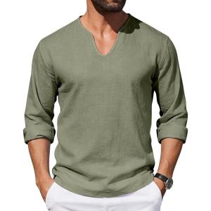 Mens Cotton Linen Shirts V-Neck Shirts Casual Long Sleeve Hippie Yoga Tops Lightweight Summer Beach Shirt(Green)