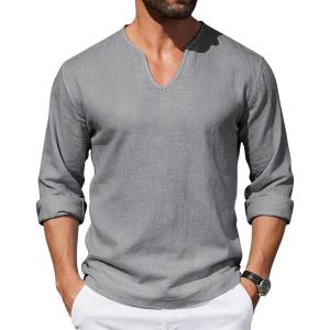 Mens Cotton Linen Shirts V-Neck Shirts Casual Long Sleeve Hippie Yoga Tops Lightweight Summer Beach Shirt(Grey)
