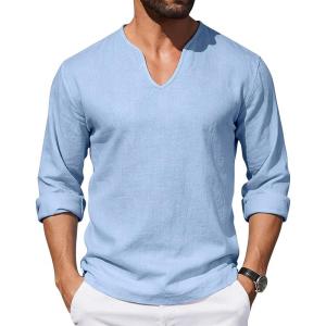 Mens Cotton Linen Shirts V-Neck Shirts Casual Long Sleeve Hippie Yoga Tops Lightweight Summer Beach Shirt(Light Blue)