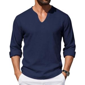 Mens Cotton Linen Shirts V-Neck Shirts Casual Long Sleeve Hippie Yoga Tops Lightweight Summer Beach Shirt(Navy)