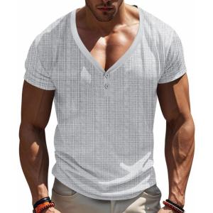 Mens Waffle Henley Shirt Dry Fit Short Sleeve V-Neck Beach Shirts Casual Textural Summer T-Shirt(Grey)