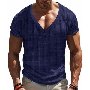 Mens Waffle Henley Shirt Dry Fit Short Sleeve V-Neck Beach Shirts Casual Textural Summer T-Shirt(Navy)