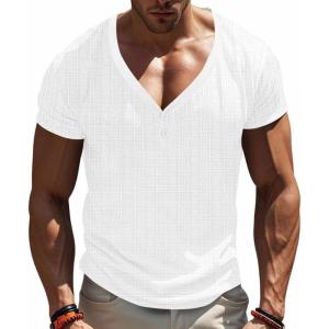 Mens Waffle Henley Shirt Dry Fit Short Sleeve V-Neck Beach Shirts Casual Textural Summer T-Shirt(White)