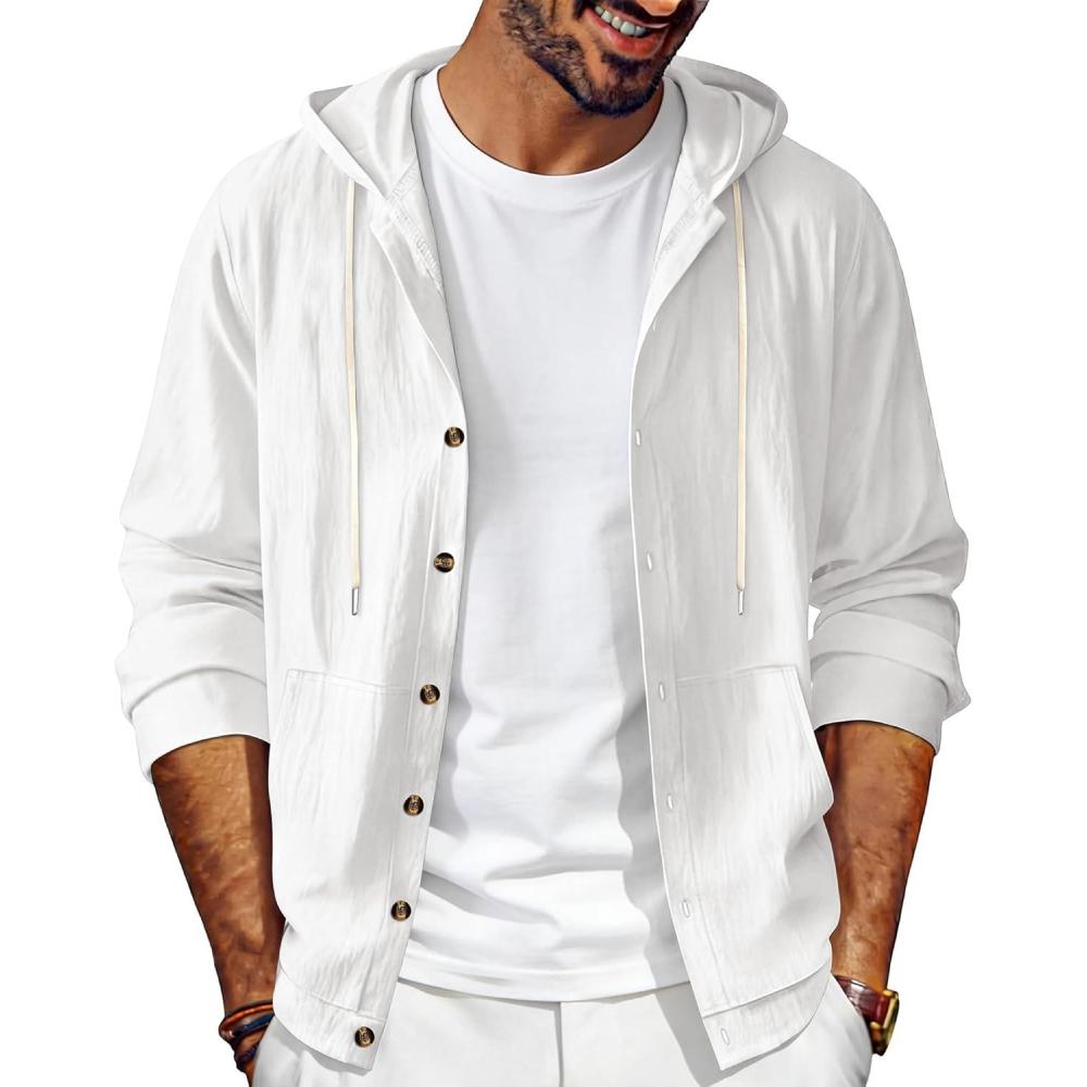 image:imageMens Linen Long Sleeve Button Down Shirts with Pockets Casual Hawaiian Beach Shirts Lightweight Fashion HoodiesAwhite