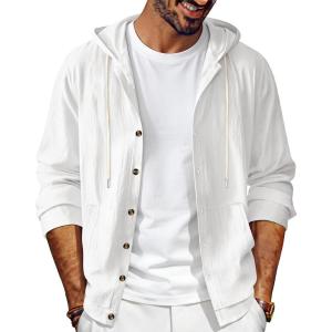 Mens Linen Long Sleeve Button Down Shirts with Pockets Casual Hawaiian Beach Shirts Lightweight Fashion Hoodies(A-white)