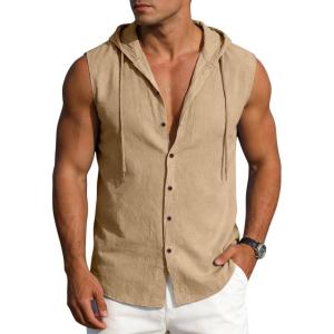 Mens Linen Sleeveless Hoodies Button Down Tank Shirt Summer Casual Beach Lightweight Hawaiian Fashion Tops Beige