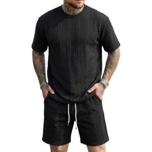 Men’s 2 Piece Set Summer Outfits Casual Geometric Texture Short Sleeve Shirt and Shorts Track Suits for Men Set(Black-1)