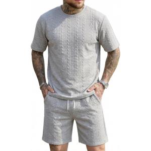 Men’s 2 Piece Set Summer Outfits Casual Geometric Texture Short Sleeve Shirt and Shorts Track Suits for Men Set(Grey-1)
