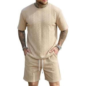 Men’s 2 Piece Set Summer Outfits Casual Geometric Texture Short Sleeve Shirt and Shorts Track Suits for Men Set(Khaki-1)