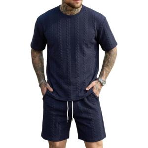 Men’s 2 Piece Set Summer Outfits Casual Geometric Texture Short Sleeve Shirt and Shorts Track Suits for Men Set(Navy-1)