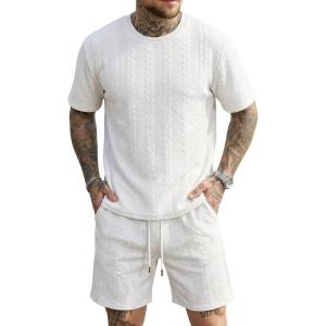 Men’s 2 Piece Set Summer Outfits Casual Geometric Texture Short Sleeve Shirt and Shorts Track Suits for Men Set(White-1)