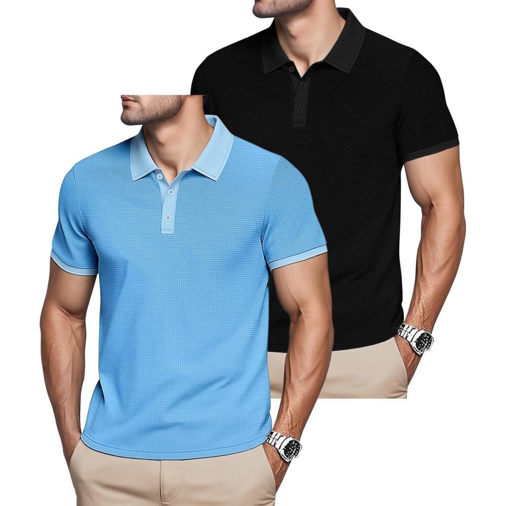 image:imageMens Polo Shirts 2 Pack Breathable Short Sleeve Golf Shirt Casual Button Down Shirt Lightweight Collared Waffle Shirts