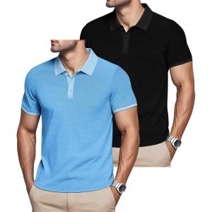 Mens Polo Shirts 2 Pack Breathable Short Sleeve Golf Shirt Casual Button Down Shirt Lightweight Collared Waffle Shirts