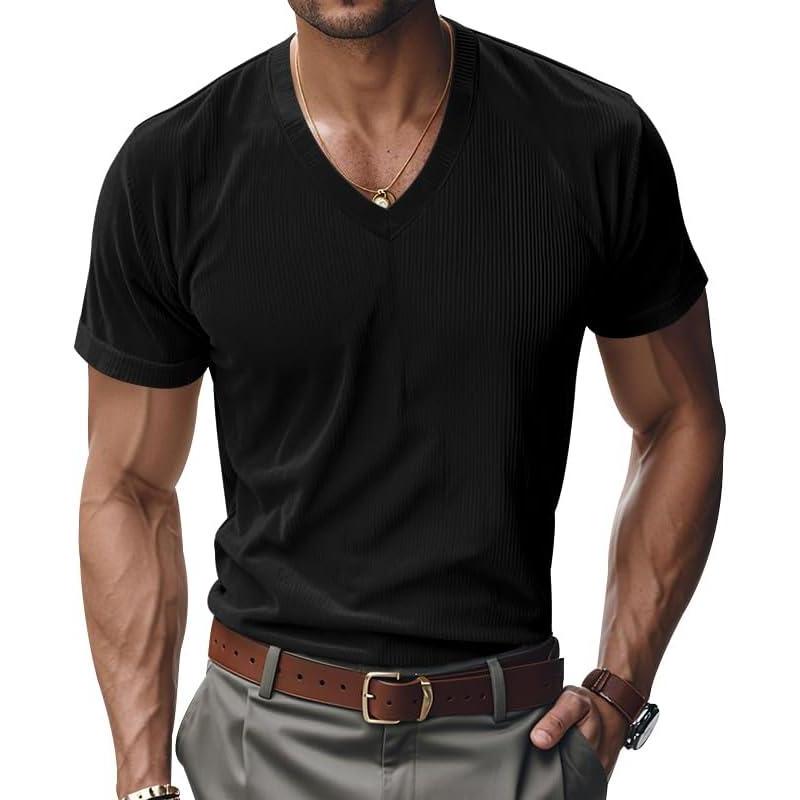 image:imageMens T Shirts Summer Short Sleeve V Neck TShirt Casual Corduroy Shirt Fitted Tee Shirt