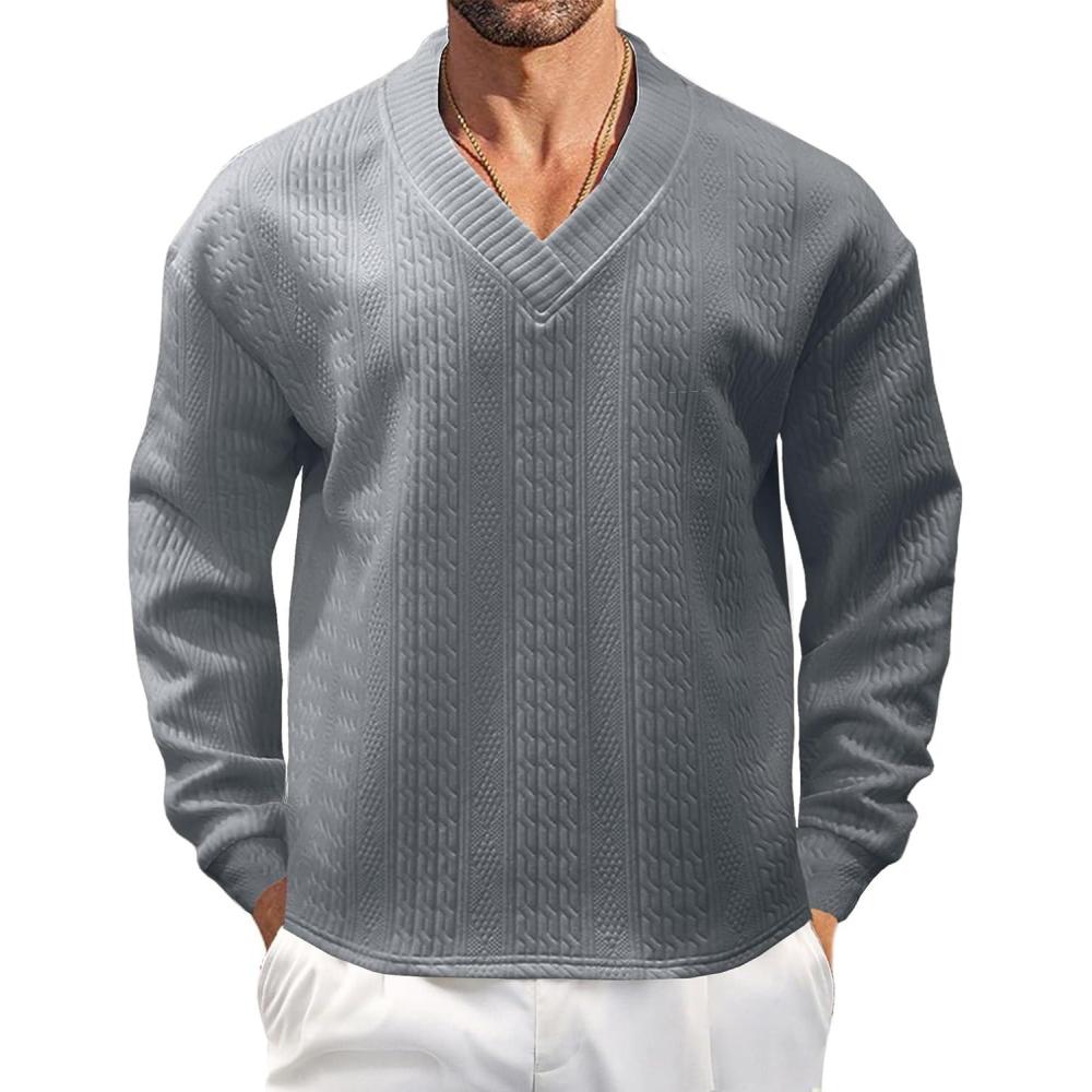 image:imageMens VNeck Sweatshirt Casual Block Striped Long Sleeve Pullover Baggy Knitted Shirts