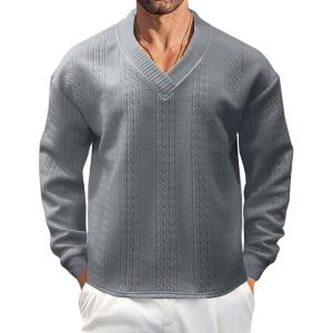 Men’s V-Neck Sweatshirt Casual Block Striped Long Sleeve Pullover Baggy Knitted Shirts