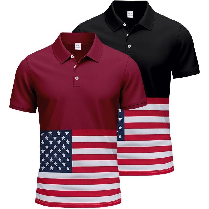 image:imageGolf Shirts for Men 2 Pack Print American Flag Short Sleeve Dry Fit Moisture Wicking Performance Polo ShirtsBlackwine Red