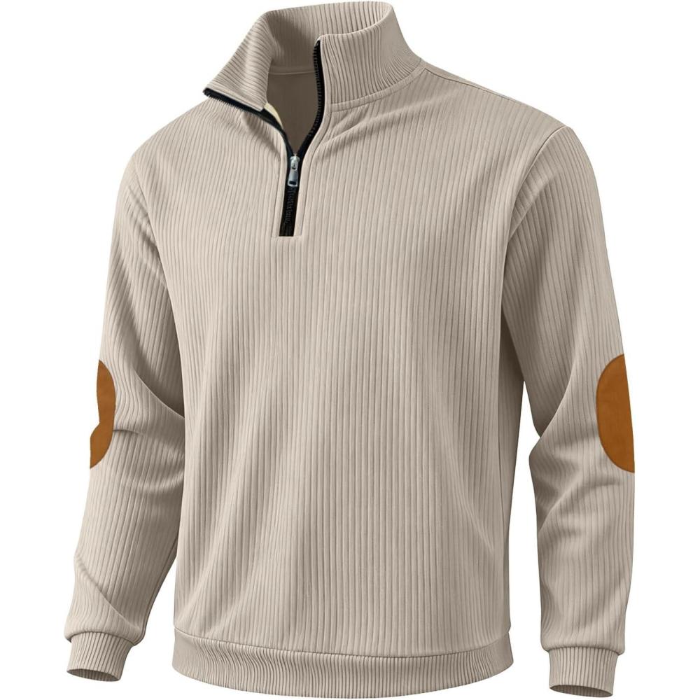 image:imageMens Corduroy Quarter Zip Pullover  Slim Fit Long Sleeve Lightweight Sweatshirt for SpringApricot
