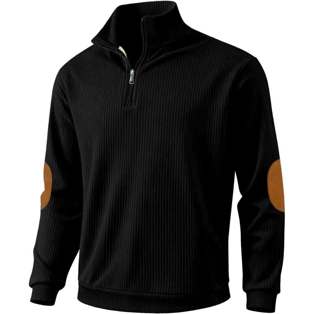 image:imageMens Corduroy Quarter Zip Pullover  Slim Fit Long Sleeve Lightweight Sweatshirt for SpringBlack