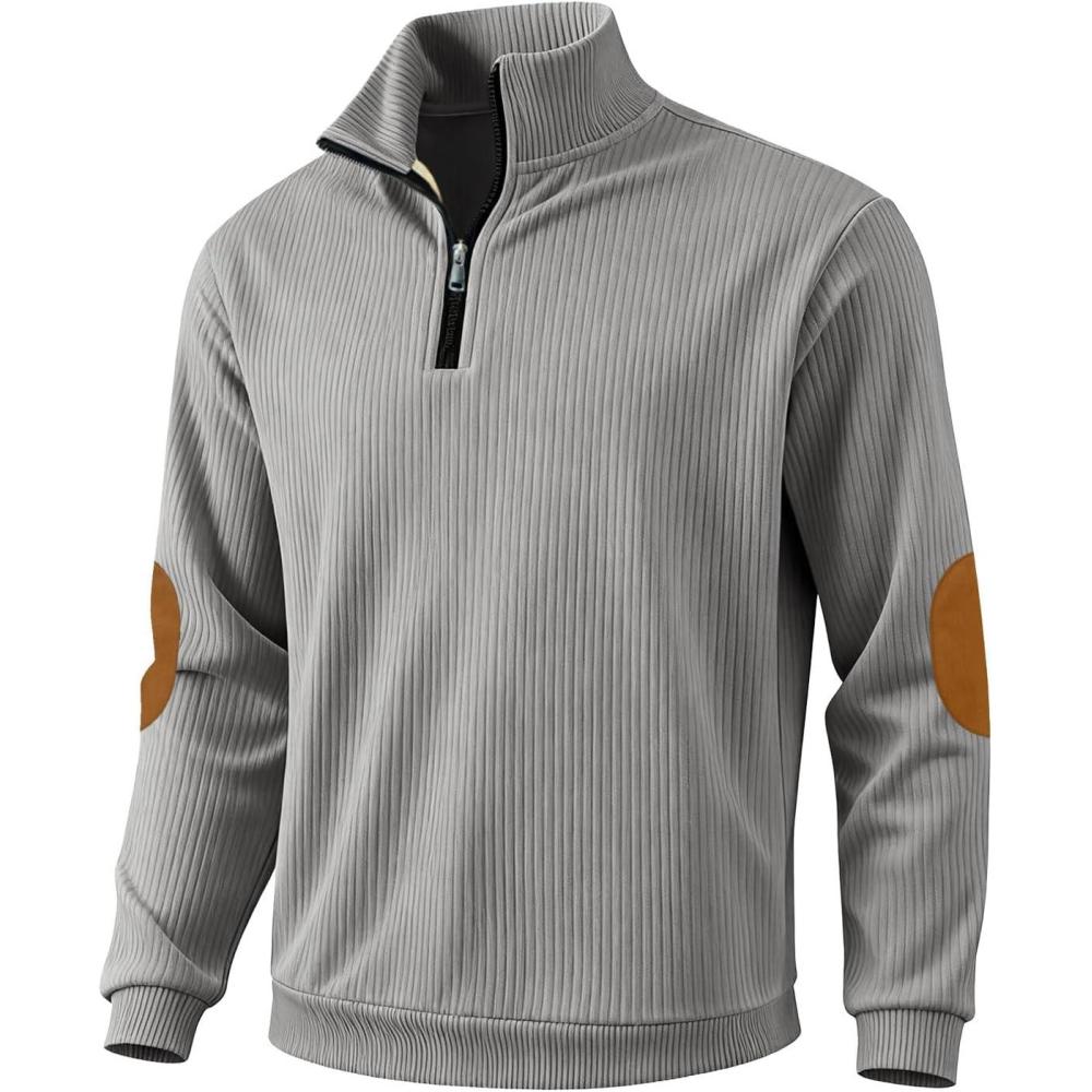 image:imageMens Corduroy Quarter Zip Pullover  Slim Fit Long Sleeve Lightweight Sweatshirt for SpringGrey