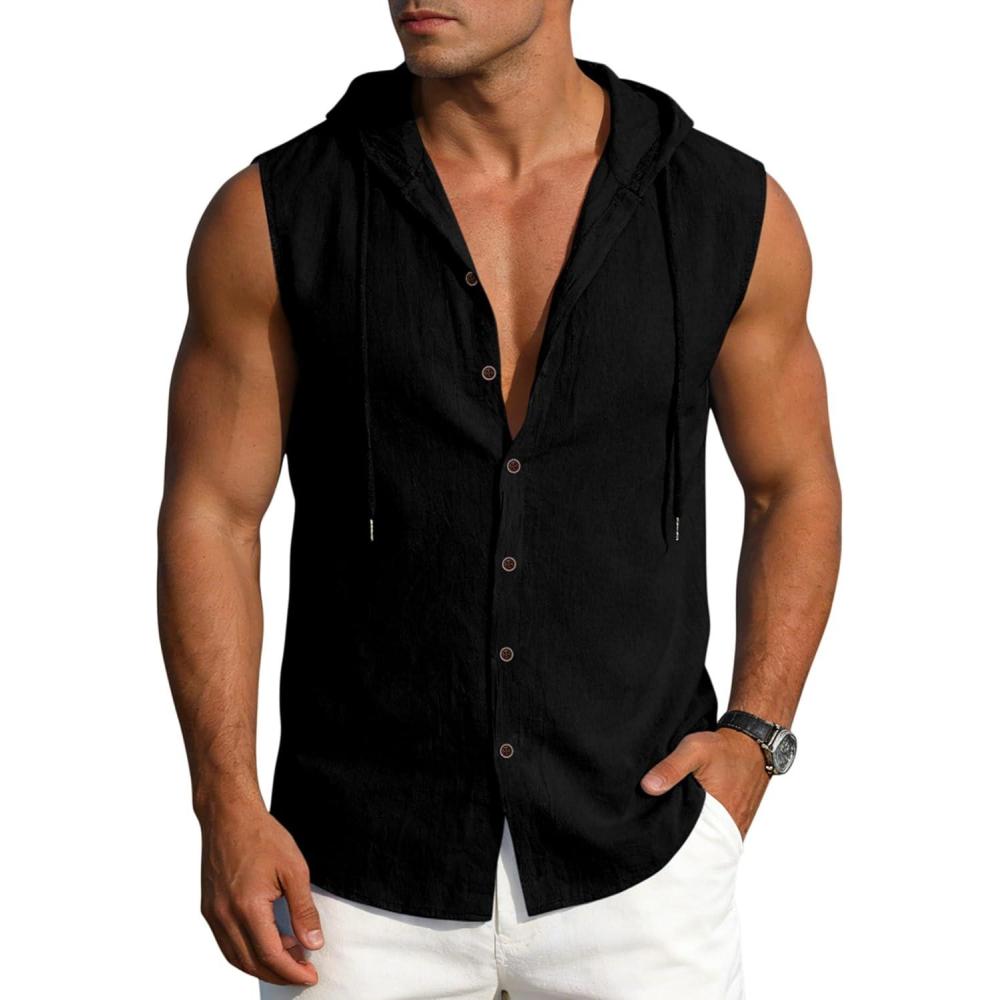 image:imageMens Linen Sleeveless Hoodies Button Down Tank Shirt Summer Casual Beach Lightweight Hawaiian Fashion TopsBlack