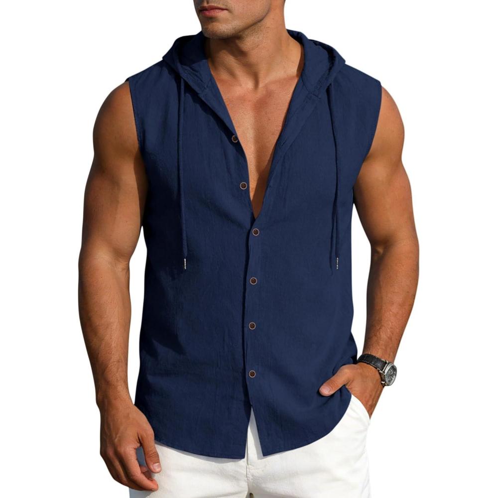 image:imageMens Linen Sleeveless Hoodies Button Down Tank Shirt Summer Casual Beach Lightweight Hawaiian Fashion TopsNavy
