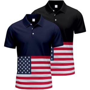 Golf Shirts for Men 2 Pack Print American Flag Short Sleeve Dry Fit Moisture Wicking Performance Polo Shirts(Black+navy)