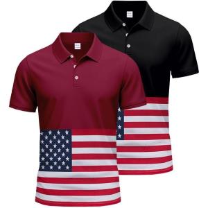 Golf Shirts for Men 2 Pack Print American Flag Short Sleeve Dry Fit Moisture Wicking Performance Polo Shirts(Black+wine Red)