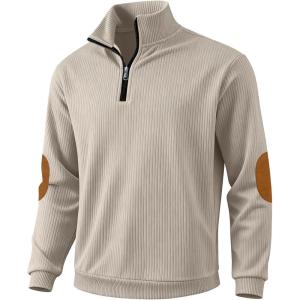Men’s Corduroy Quarter Zip Pullover – Slim Fit Long Sleeve Lightweight Sweatshirt for Spring(Apricot)