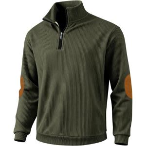 Men’s Corduroy Quarter Zip Pullover – Slim Fit Long Sleeve Lightweight Sweatshirt for Spring(Army Green)