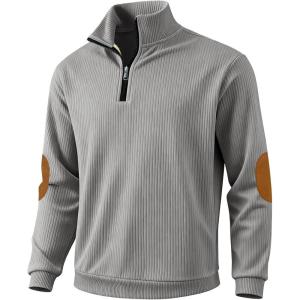 Men’s Corduroy Quarter Zip Pullover – Slim Fit Long Sleeve Lightweight Sweatshirt for Spring(Grey)